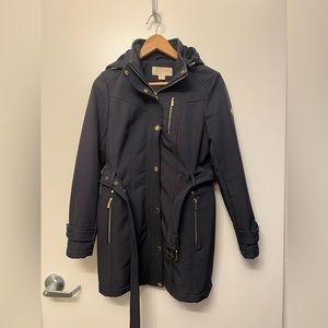 Michael Kors Navy Blue Soft Shelled Raincoat with Zipper and Belt